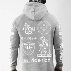 Ride Rich Branded V2 Scoop Pullover Hoodie {White On Heather Grey} Premium Collection